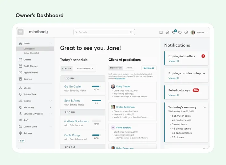 Mindbody Owner Dashboard AI Insights