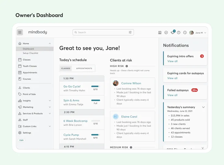 Mindbody Owner Dashboard