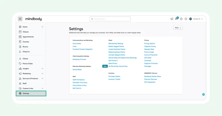 Mindbody Settings