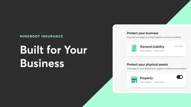 text-based graphic saying "Mindbody Insurance, Built for Your Business" with an image of the interface to get a custom quote 
