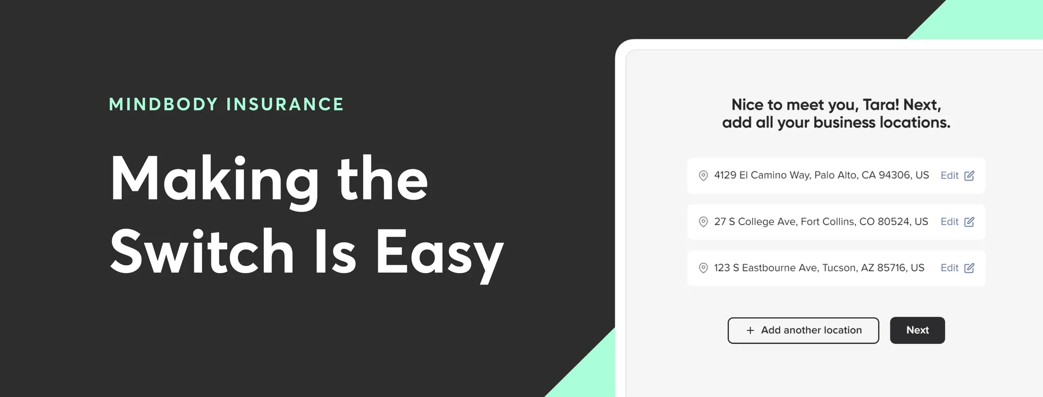 text-based graphic saying "Mindbody Insurance, Making the Switch is Easy" with an image of the interface to get a custom quote 