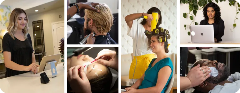 A collage demonstrating the capabilities of Mindbody beauty software.