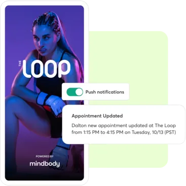 A collage showing push notifications on a Mindbody branded mobile app