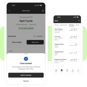 A collage showing Mindbody mobile scheduling tools for businesses