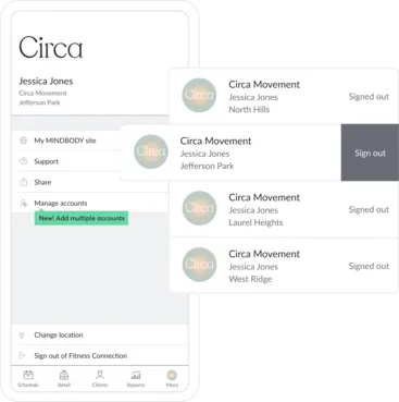 A collage showing multi-location management on the Mindbody Business App