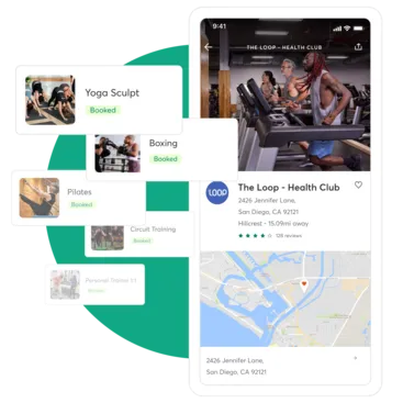 A collage of screenshots demonstrating how the Mindbody Marketplace can help your athletic club find new clients.