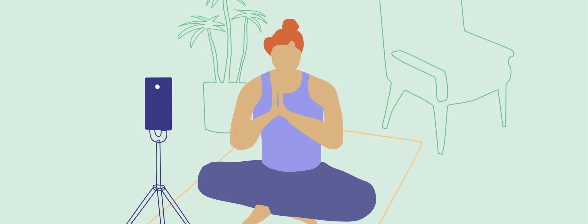 Woman live streaming a yoga class in front of a phone on a tripod