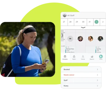 A collage showing the Mindbody business app for fitness businesses