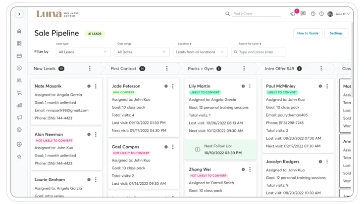A screenshot showing the lead management capabilities of Mindbody software.