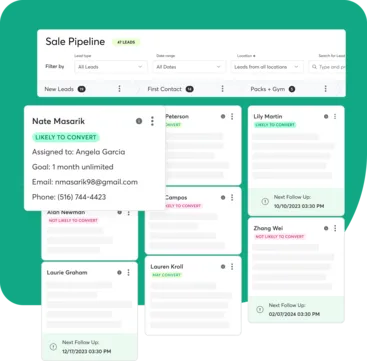 A collage demonstrating the lead management capabilities of Mindbody software.