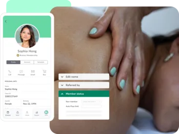 A collage showing Mindbody client tools and a massage studio