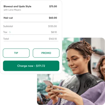 A collage showing a person checking out on a mobile device at a salon