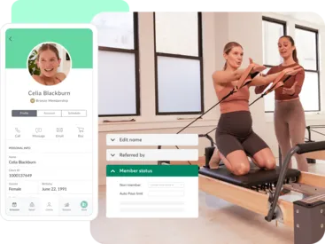 A collage showing Mindbody client tools for Pilates businesses