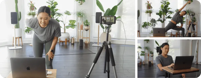 A collage showing a business owner running online classes