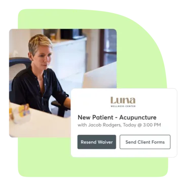 A collage demonstrating how Mindbody wellness business software can provide automatic waivers and other digital forms to clients before their service.