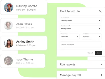 A collage showing Mindbody staff management tools for yoga businesses